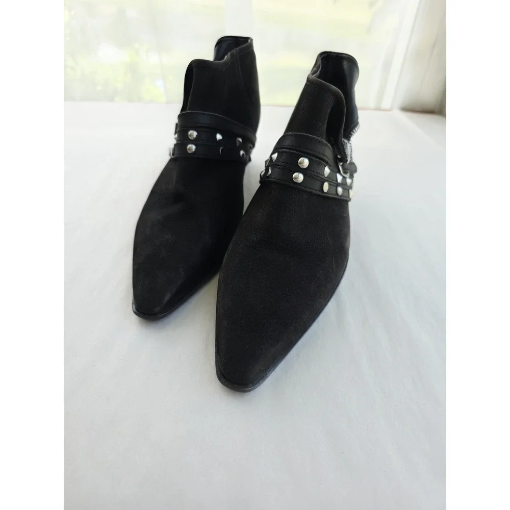 Free People Chesa Black Suede Leather Studded Low Bootie Size 37 US 7 NEW Grunge